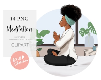 Meditation Girl Clipart, Mindful Yoga Clip Art, African American, Afro Girl PNG, Wellness Selfcare Black Girl Magic, Planner Stickers POD