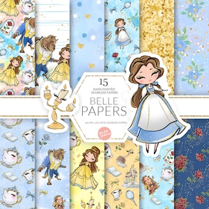 Carta digitale Beauty and Beast, Belle and the Beast, Cute Kids Art, Modello JPG ad alta risoluzione senza cuciture, Forniture POD in tessuto personalizzato