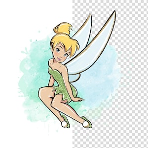 May include: A cartoon illustration of Tinkerbell, a fairy with blonde hair, green wings, and a green dress, sitting on a light blue and green watercolor background.