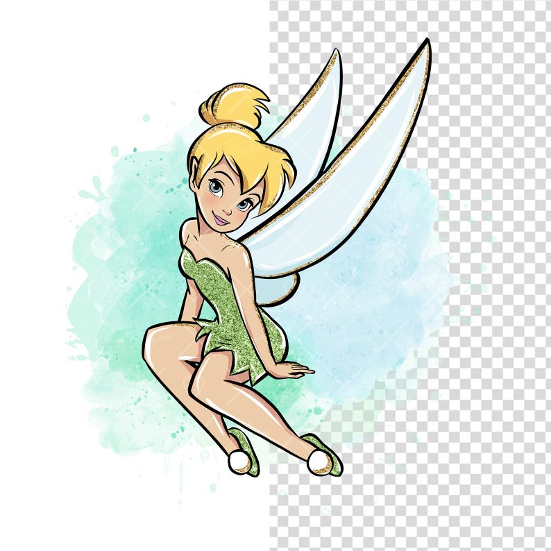May include: A cartoon illustration of Tinkerbell, a fairy with blonde hair, green wings, and a green dress, sitting on a light blue and green watercolor background.