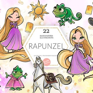 Rapunzel Clipart, Prinzessin PNG, Märchen, Blondie, Turm, Pascal, Maximus, von Hand gezeichnet, süße Glitzer-Kinder-Kunst