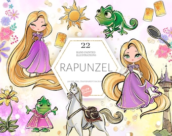 Rapunzel Clipart, princesse PNG, conte de fées, Blondie, tour, Pascal, Maximus, dessiné à la main, mignon paillettes enfants Art