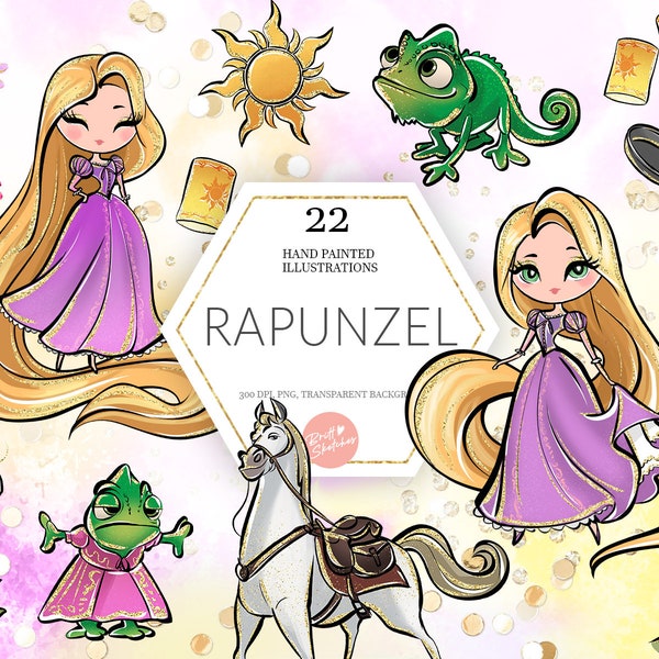 Rapunzel Clipart, princesse PNG, conte de fées, Blondie, tour, Pascal, Maximus, dessiné à la main, mignon paillettes enfants Art