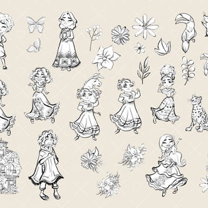 Puede incluir: Ilustraciones en blanco y negro de personas, animales y plantas. Las ilustraciones incluyen un tuc&aacute;n, un jaguar, una mariposa, una casa, una ni&ntilde;a con una flor, una ni&ntilde;a con un burro, una ni&ntilde;a con un tuc&aacute;n y una ni&ntilde;a con una mariposa.