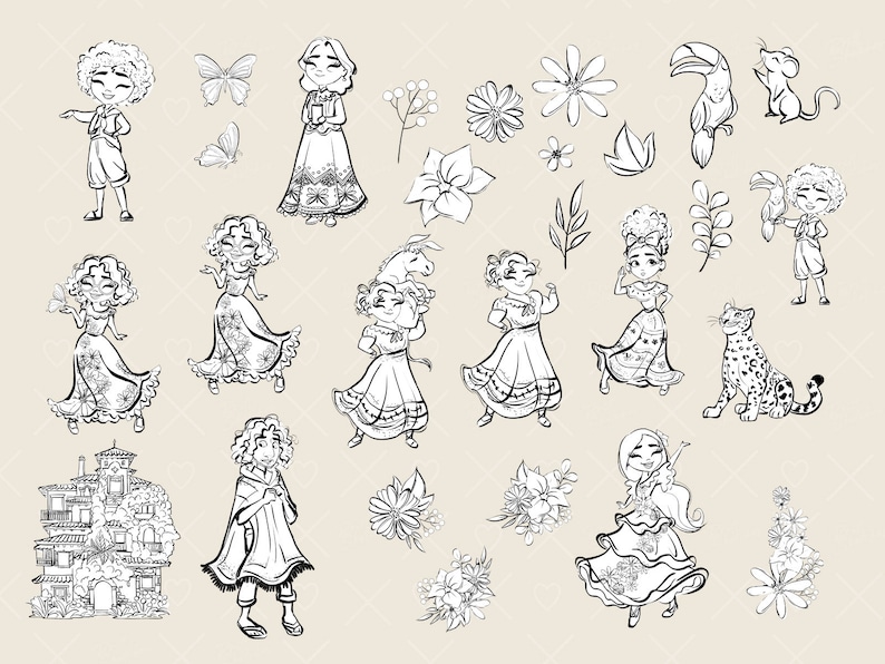 Puede incluir: Ilustraciones en blanco y negro de personas, animales y plantas. Las ilustraciones incluyen un tuc&aacute;n, un jaguar, una mariposa, una casa, una ni&ntilde;a con una flor, una ni&ntilde;a con un burro, una ni&ntilde;a con un tuc&aacute;n y una ni&ntilde;a con una mariposa.