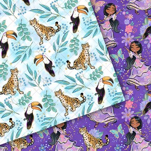 May include: A seamless pattern featuring a toucan, jaguar, and tropical leaves on a white background with gold glitter accents. The second pattern features a woman in a purple dress with butterflies and flowers on a purple background with gold glitter accents.