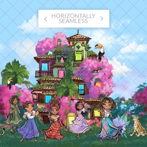 May include: Five girls in colourful dresses stand in front of a pink and green building with a toucan on the roof. The building is surrounded by pink flowers and green trees. The text "Horizontally Seamless" is written above the building.