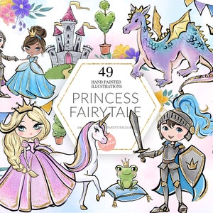 Princess Clipart, Fairytale PNG, Caballero, Dragón, Unicornio, Zapatilla de cristal, Castillo, Rana, Niños, Niñas, Pastel Planner Fabric Supplies