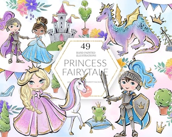 Princess Clipart, Fairytale PNG, Knight, Dragon, Unicorn, Glass Slipper, Castle, Frog, Kids, Girls, Pastel Planner Fabric Supplies