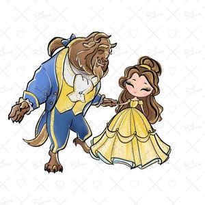 May include: A cartoon illustration of Belle and the Beast from Disney's Beauty and the Beast. Belle is wearing a yellow dress with gold glitter and the Beast is wearing a blue and gold suit. They are holding hands and smiling.