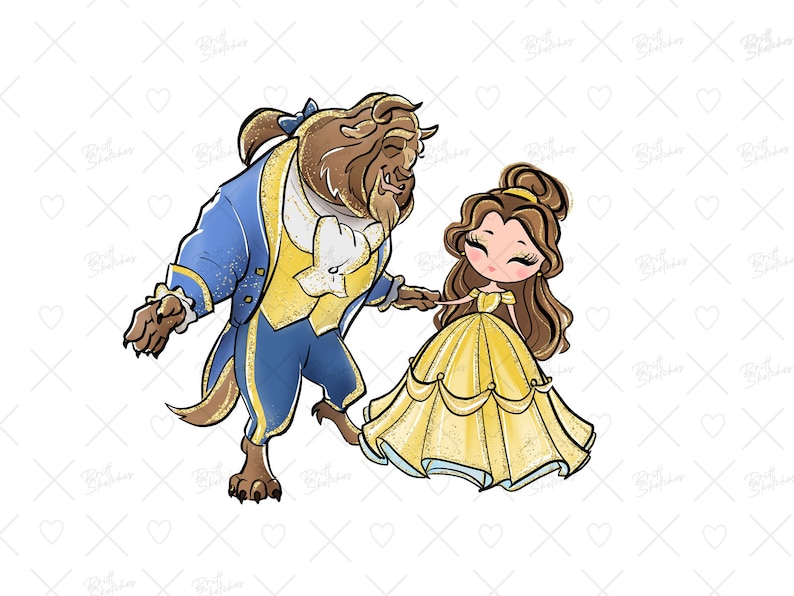May include: A cartoon illustration of Belle and the Beast from Disney's Beauty and the Beast. Belle is wearing a yellow dress with gold glitter and the Beast is wearing a blue and gold suit. They are holding hands and smiling.