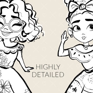 Puede incluir: Dos dibujos en blanco y negro de chicas con vestidos tradicionales mexicanos. La chica de la izquierda lleva gafas redondas y tiene el pelo rizado. La chica de la derecha lleva un lazo en el pelo. El texto "HIGHLY DETAILED" est&aacute; escrito debajo de las chicas.