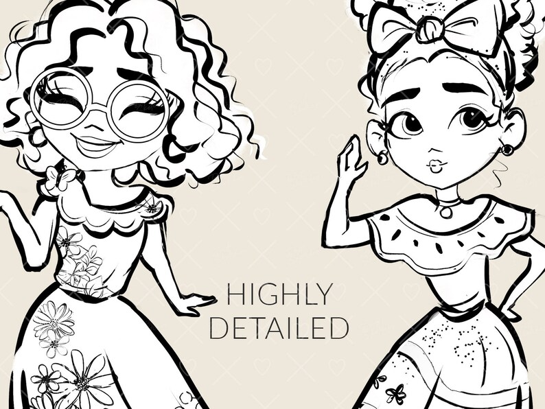 Puede incluir: Dos dibujos en blanco y negro de chicas con vestidos tradicionales mexicanos. La chica de la izquierda lleva gafas redondas y tiene el pelo rizado. La chica de la derecha lleva un lazo en el pelo. El texto "HIGHLY DETAILED" est&aacute; escrito debajo de las chicas.