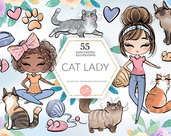 Cat Lady Clipart, Cat Owner, Kitty Lover Friend Crazy Cat Lady Cat Girl Pets Cat Toys Siamese Tabby Planner Stickers Fabric PNG POD Supplies