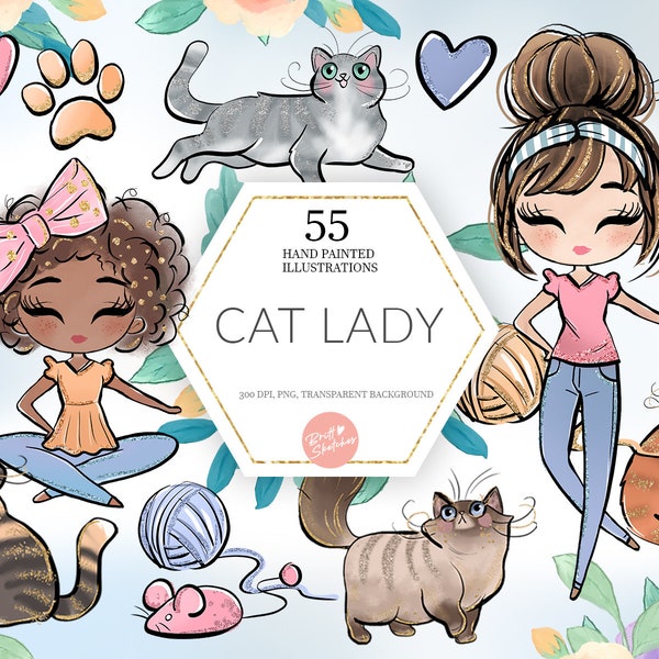 Cat Lady Clipart, Cat Owner, Kitty Lover Friend Crazy Cat Lady Cat Girl Pets Cat Toys Siamese Tabby Planner Stickers Fabric PNG POD Supplies