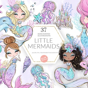 Clipart sirène, dauphin scintillant sous-marin, sirène PNG, château de tortue de mer, enfants mignons Pastel planificateur autocollants tissu PNG POD fournitures