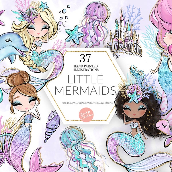 Mermaid Clipart, Underwater Glitter Dolphin, Mermaid PNG, Sea Turtle Castle, Cute Kids Pastel Planner Stickers Fabric PNG POD Supplies