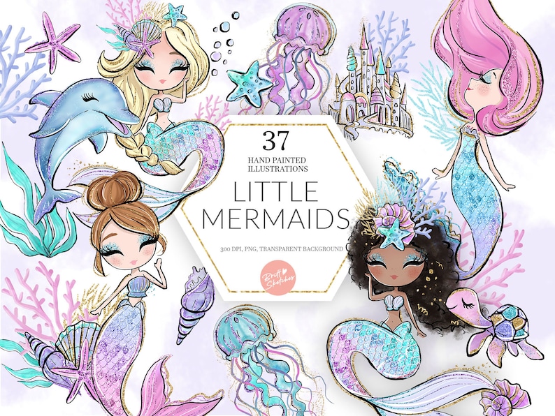 May include: A set of 37 hand-painted illustrations of little mermaids with colourful tails, seashells, starfish, and jellyfish. The illustrations are perfect for adding a touch of whimsy to any project.