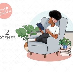May include: Illustration of a person relaxing in a light blue armchair, reading a book and holding a pink mug. The image includes the text "Britt Sketches" and "2 SCENES". A potted plant and stack of books are also visible.