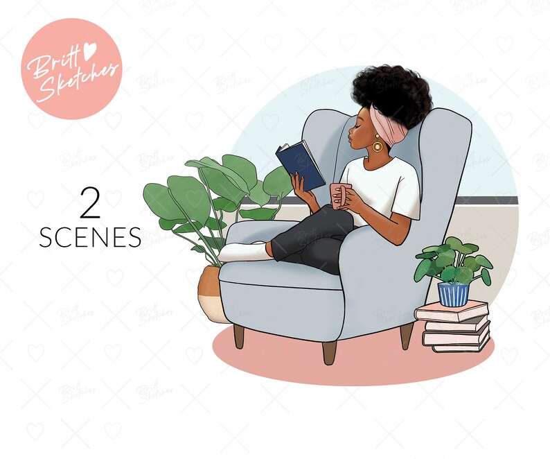 May include: Illustration of a person relaxing in a light blue armchair, reading a book and holding a pink mug. The image includes the text "Britt Sketches" and "2 SCENES". A potted plant and stack of books are also visible.