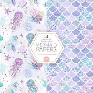 Mermaids Digital Paper, Pastel Version, High Res JPG Seamless Pattern, Glitter Dolphin, Mermaids, Sea Turtle Castle Fabric POD Supplies image 4