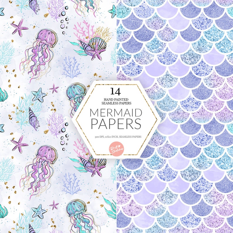 Mermaids Digital Paper, Pastel Version, High Res JPG Seamless Pattern, Glitter Dolphin, Mermaids, Sea Turtle Castle Fabric POD Supplies image 4