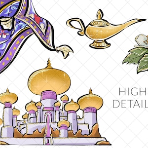 Jasmine Clipart, Arabian Princess PNG, Tiger, Monkey, Castle, Hand Drawn, Cute Glitter Kids Art, Decoration, Watercolor Fabric ,POD image 6