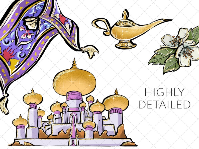 Jasmine Clipart, Arabian Princess PNG, Tiger, Monkey, Castle, Hand Drawn, Cute Glitter Kids Art, Decoration, Watercolor Fabric ,POD image 6
