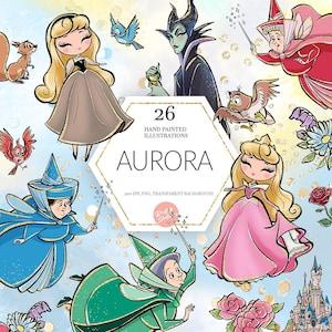 Dornröschen Clipart, Aurora PNG, Malefiscent, Feen, Märchenkunst, Schloss, Prinzessin Clipart, Handgezeichnet, Süß, Kinder, POD Zubehör