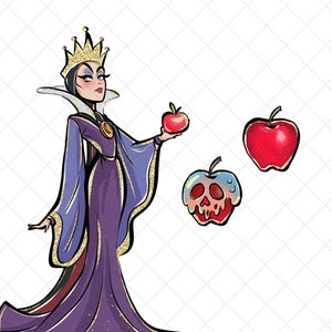 May include: A cartoon illustration of the Evil Queen from Snow White holding a red apple. There are two other red apples in the image, one with a skull and dripping icing.