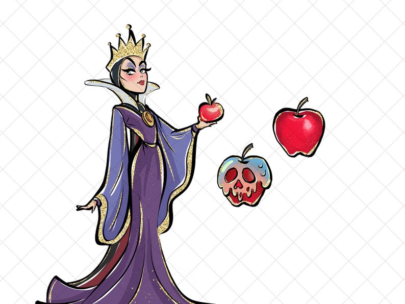 May include: A cartoon illustration of the Evil Queen from Snow White holding a red apple. There are two other red apples in the image, one with a skull and dripping icing.
