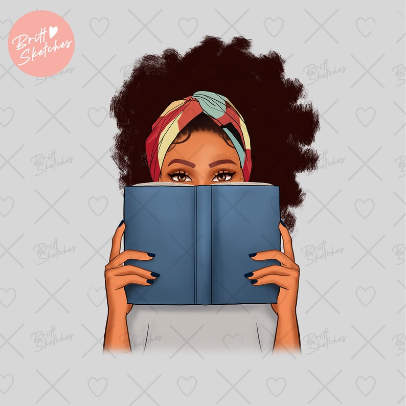 May include: A woman with dark brown curly hair is wearing a colorful headscarf and reading a blue book. The book is covering her face, and only her eyes are visible.