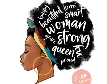 Black Woman Sublimation, PNG Afro with Words Profile Female Empowerment Strong Women Girl Feminism Women's Rights, Digital Instant Download