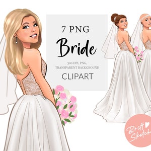 Clipart de novia, Chica de moda nupcial PNG, Clipart de boda, Rubia, Morena, Ilustración de novia calva, Pegatinas de planificador Suministros pod de tela