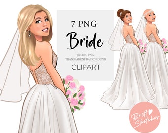 Bride Clipart, Bridal Fashion Girl PNG, Wedding Clipart, Blonde, Brunette, Bald Bride Illustration, Planner Stickers Fabric POD Supplies