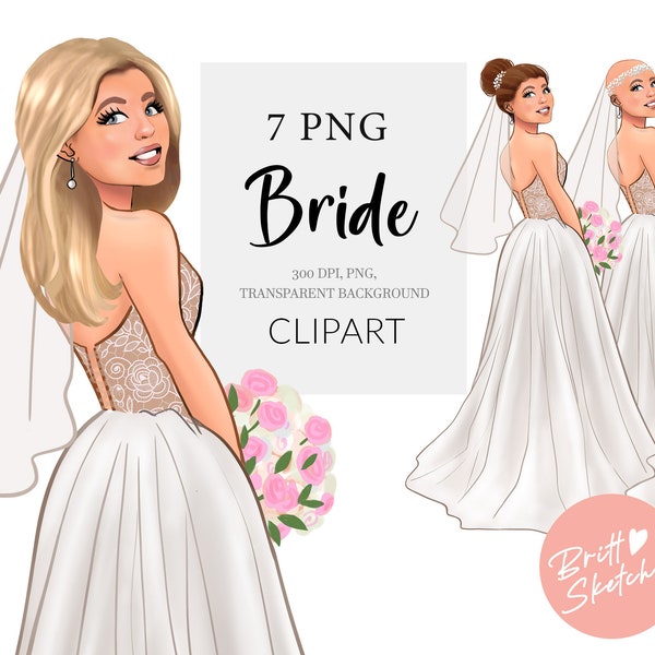 Bride Clipart, Bridal Fashion Girl PNG, Wedding Clipart, Blonde, Brunette, Bald Bride Illustration, Planner Stickers Fabric POD Supplies