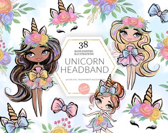 Unicorn Headband Clipart, Cute Girls, Glitter Unicorn Girl, Rainbow Girls, Unicorn Face, Head Band Planner Stickers Fabric PNG POD Supplies