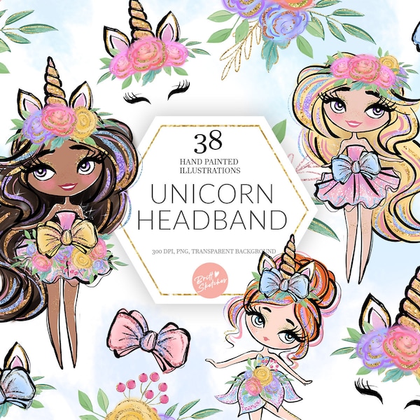 Unicorn Headband Clipart, Cute Girls, Glitter Unicorn Girl, Rainbow Girls, Unicorn Face, Head Band Planner Stickers Fabric PNG POD Supplies