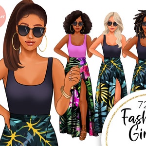 Fashion Girl Clipart, Summer Vacation Girls, Tropical Skirt Girl Clipart, African American, Black Women, Afro, Planner Stickers PNG POD
