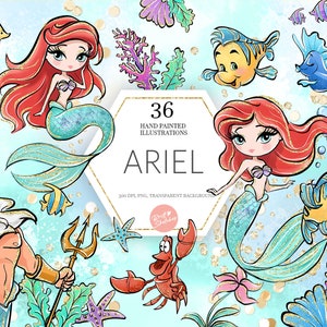 Clipart Ariel, petite sirène PNG, sous l'eau, Sebastian, plie, Triton, château, hippocampe, fournitures de planificateur de tissu PNG POD pour enfants mignons