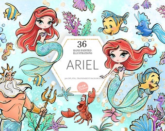Puede incluir: Un conjunto de 36 ilustraciones digitales pintadas a mano con Ariel, la Sirenita, y otros personajes de la película de Disney. Las ilustraciones son de estilo de dibujos animados y tienen detalles de purpurina. Las ilustraciones son perfectas para crear invitaciones, tarjetas, páginas de álbum de recortes y otros proyectos de manualidades.