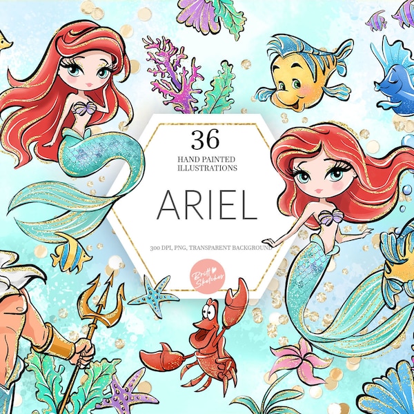 Ariel Clipart, Little Mermaid PNG, Underwater, Sebastian, Flounder, Triton, Castle, Seahorse, Cute Kids Planner Fabric PNG POD Supplies