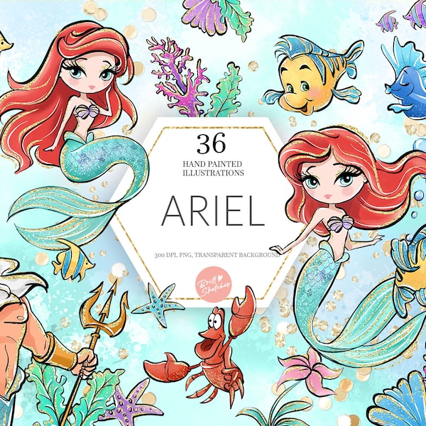 Ariel Clipart, Sirenetta PNG, Sott'acqua, Sebastian, Passera, Tritone, Castello, Cavalluccio marino, Carino Planner Planner Tessuto PNG POD Forniture