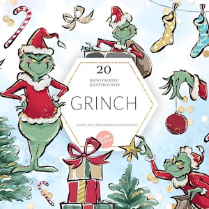 Imágenes prediseñadas de Grinch navideño, Grinch dibujado a mano PNG, Paquete de decoración navideña, Árbol de Navidad PNG, Arte con brillantina, Descarga instantánea, POD