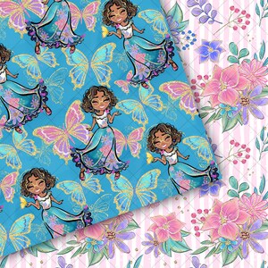 May include: A seamless pattern featuring a blue background with gold glitter accents. The pattern includes butterflies, flowers, and girls wearing floral dresses.