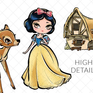 Pode incluir: Uma ilustra&ccedil;&atilde;o de desenho animado de Branca de Neve, um veado e uma pequena cabana. Branca de Neve est&aacute; vestindo um vestido amarelo com um corpete azul e um la&ccedil;o vermelho no cabelo. O veado &eacute; marrom com manchas brancas. A cabana &eacute; marrom com um telhado de palha e uma porta branca.