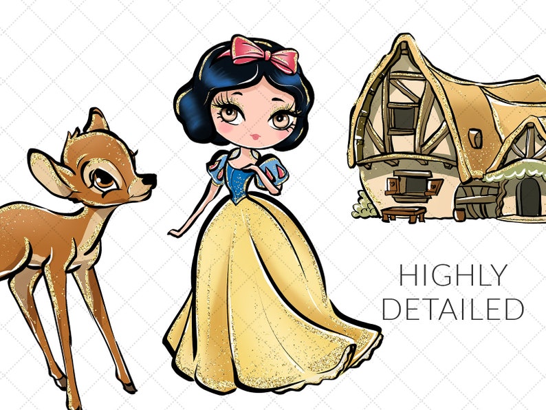 Pode incluir: Uma ilustra&ccedil;&atilde;o de desenho animado de Branca de Neve, um veado e uma pequena cabana. Branca de Neve est&aacute; vestindo um vestido amarelo com um corpete azul e um la&ccedil;o vermelho no cabelo. O veado &eacute; marrom com manchas brancas. A cabana &eacute; marrom com um telhado de palha e uma porta branca.
