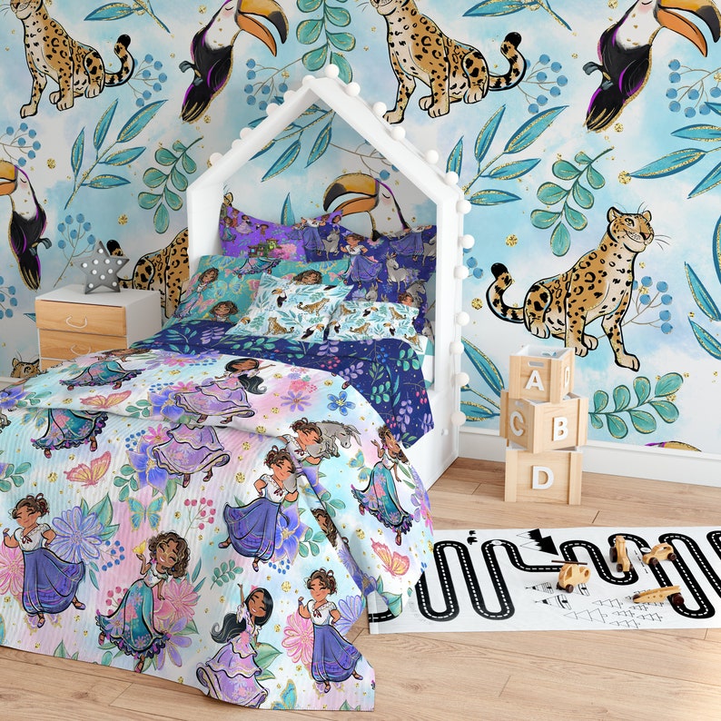 May include: A white canopy bed with a blue and purple floral patterned bedding set. The bed is decorated with a white and gold floral patterned duvet cover. The wall behind the bed is decorated with a blue and green wallpaper featuring jaguars and toucans.
