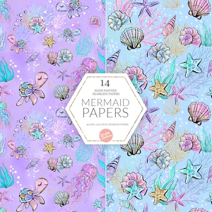 Mermaids Digital Paper, Pastel Version, High Res JPG Seamless Pattern, Glitter Dolphin, Mermaids, Sea Turtle Castle Fabric POD Supplies image 8