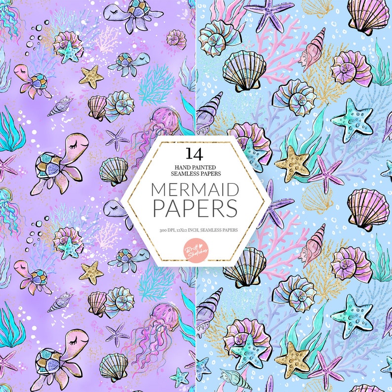 Mermaids Digital Paper, Pastel Version, High Res JPG Seamless Pattern, Glitter Dolphin, Mermaids, Sea Turtle Castle Fabric POD Supplies image 8